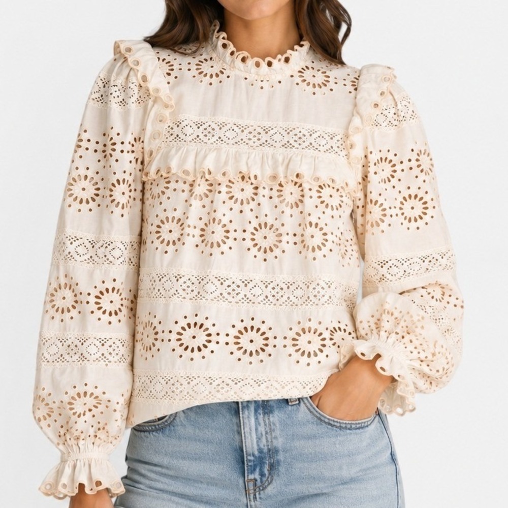 Stellah Women Cream Cotton Eyelet Lace Ruffle High Neck Long Sleeve Blouse Small
